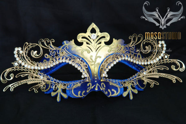 Luxury Metal Laser Cut Mask Princess - Blue and Gold