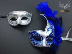 Silver accent Royal Blue Feather Masquerade Mask for couple