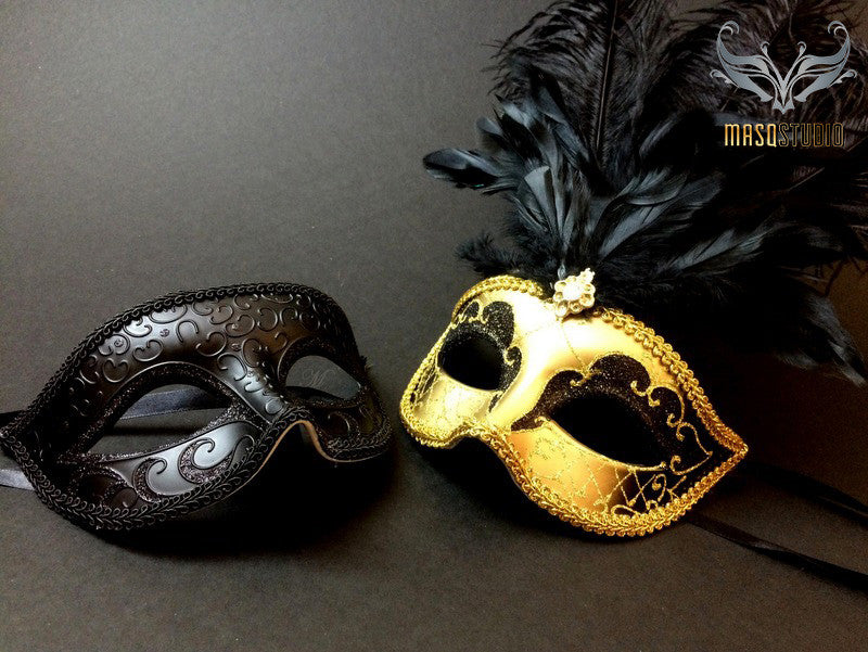Gold accent Black Feather Masquerade Mask for couple