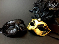Gold accent Black Feather Masquerade Mask for couple