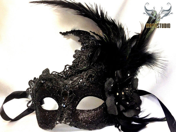 Venetian style side Feather Brocade Black Lace Masquerade Ball Mask