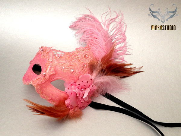 Venetian style side Feather Brocade Baby Pink Lace Masquerade Ball Mask