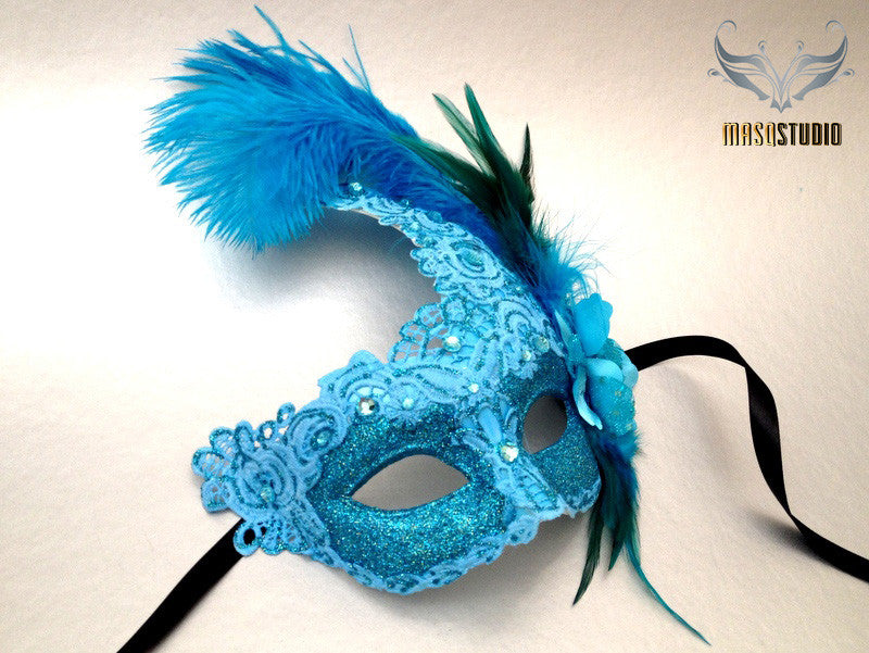 Venetian style side Feather Brocade Turquoise Lace Masquerade Ball Mask