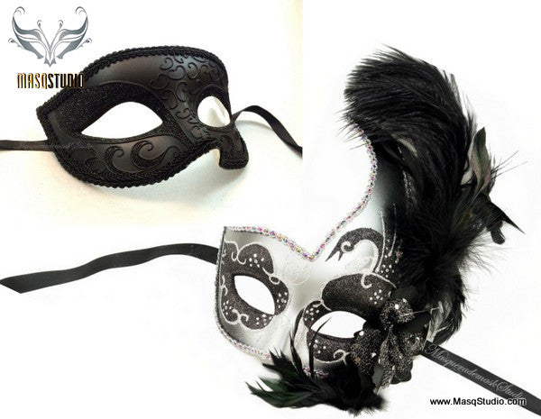 Venetian Couple Feather Black Silver Swan Masquerade Mask Set