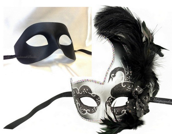 Venetian Couple side Feather Black Silver Swan Masquerade Mask Set