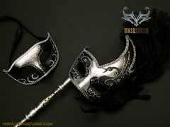 Venetian Couple Feather Masquerade Stick Mask Set Black Silver 