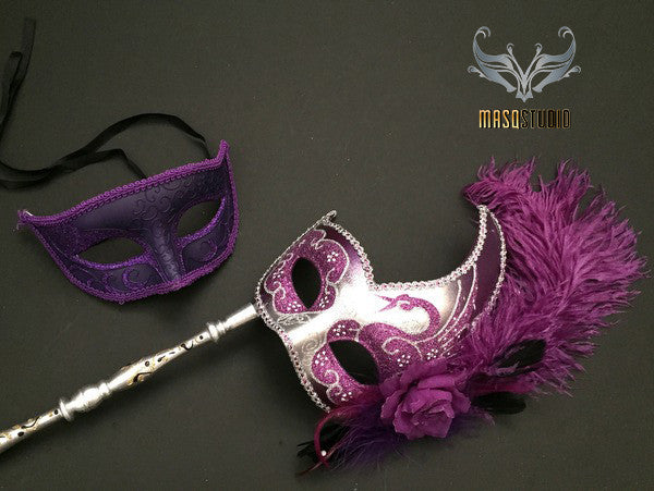 Venetian Couple Feather Masquerade Stick Mask Set Purple Silver