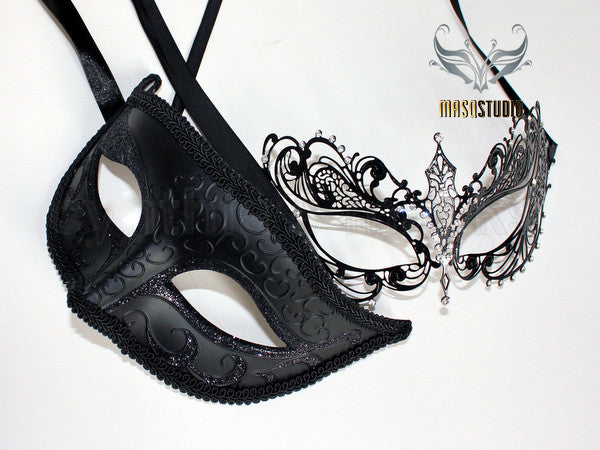 Laser cut metal Couple Masquerade Mask Set Chloe Black