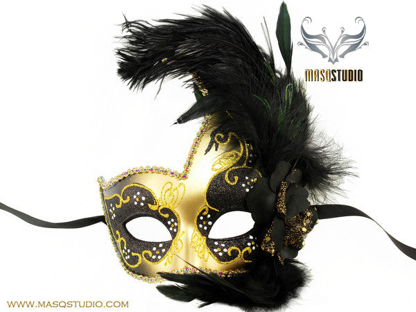 Venetian style side swan Feather Masquerade Ball Mask Black Gold