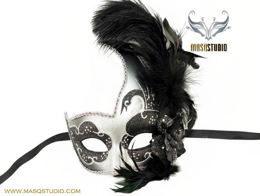 Venetian style side swan Feather Masquerade Ball Mask Black Silver