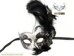 Venetian style side swan Feather Masquerade Ball Mask Black Silver