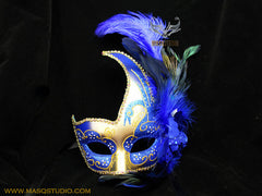 Venetian style side swan Feather Masquerade Ball Mask Blue Gold