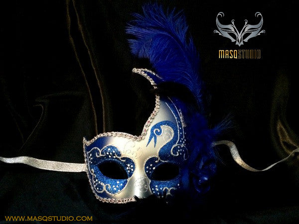 Venetian style side swan Feather Masquerade Ball Mask Blue Silver