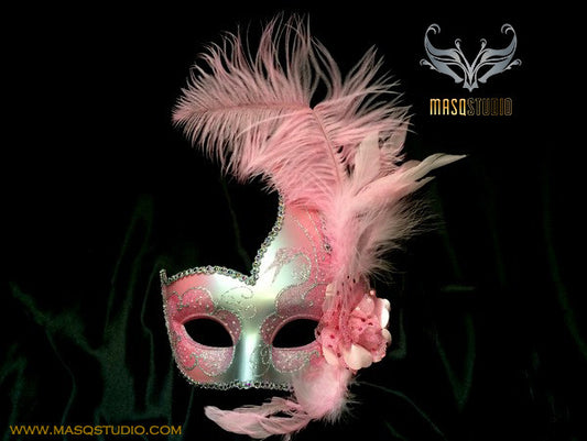 Pink and silver swan feather masquerade mask with fabric flower and ostrich feathers