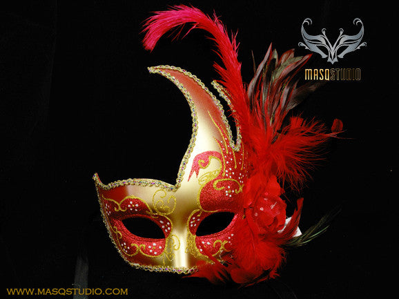 Venetian style side swan Feather Masquerade Ball Mask Red Gold