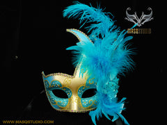 Venetian style side swan Feather Masquerade Ball Mask Teal Turquoise Gold