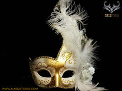 Venetian style side swan Feather Masquerade Ball Mask White Gold