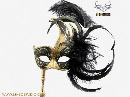 Venetian Style Ostrich Feather Swan Stick Mask - Black Gold