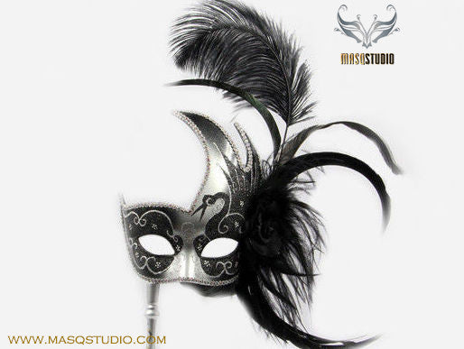 Venetian Style Ostrich Feather Swan Stick Mask - Black Silver