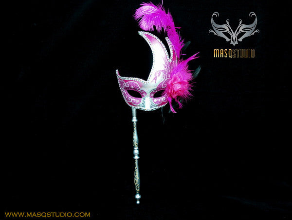 Venetian Style Ostrich Feather Swan Stick Mask - Fuchsia Silver