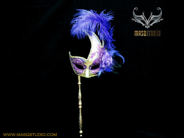 Venetian Style Ostrich Feather Swan Stick Mask - Purple Gold