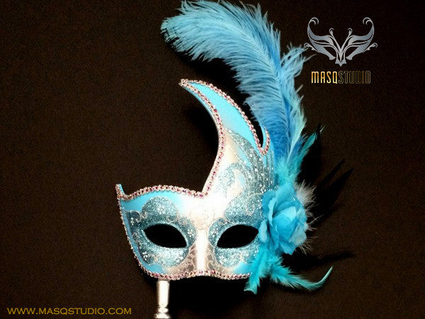 Venetian Style Ostrich Feather Swan Stick Mask - Turquoise Silver