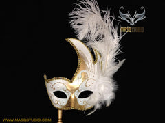 Venetian Style Ostrich Feather Swan Stick Mask - White Gold