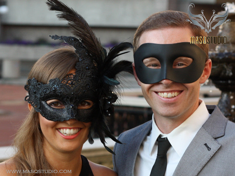 Venetian Couple Feather Black Lace Masquerade Ball Mask